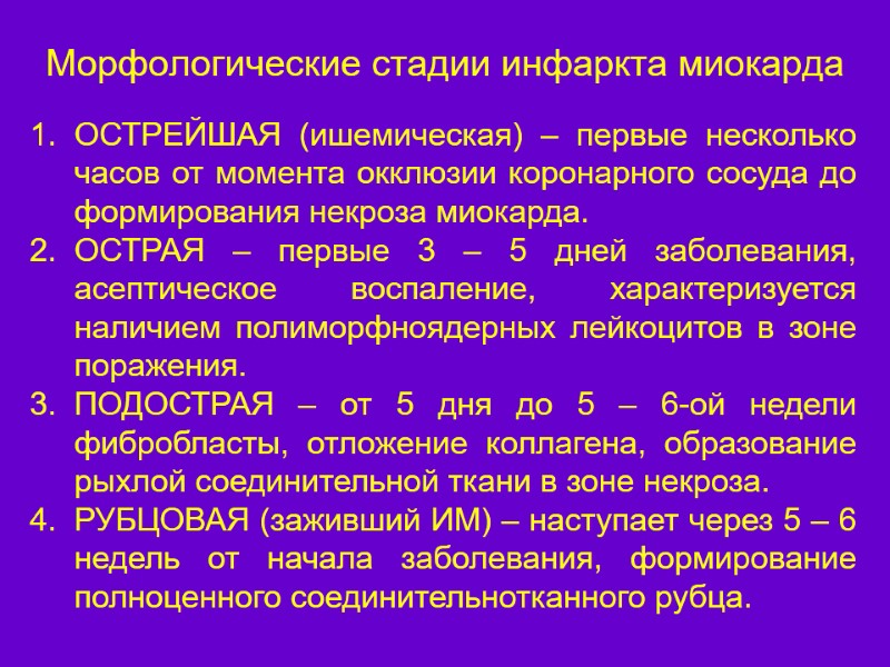 Морфологические стадии инфаркта миокарда ОСТРЕЙШАЯ (ишемическая) – первые несколько часов от момента окклюзии коронарного